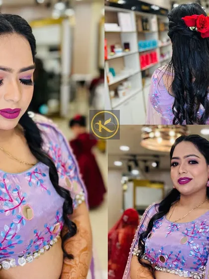 This collage shows a client ready for a party with bold purple eye makeup and a matching lip. Her hair is styled in a beautiful side braid with a red rose accent.
