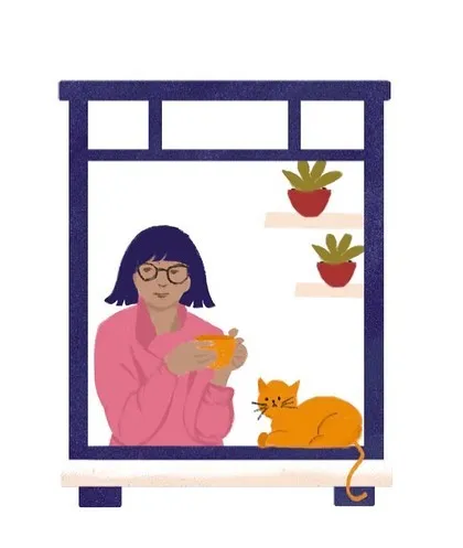 A cozy morning with a cup of tea and a furry friend. This character illustration showcases my flat, graphic style, which is great for modern and clean custom portraits that tell a story about your daily life.