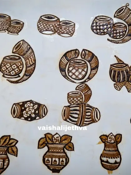 Practice sheet for traditional musical instruments like the dhol and shehnai, as well as the auspicious kalash, all essential for wedding designs.