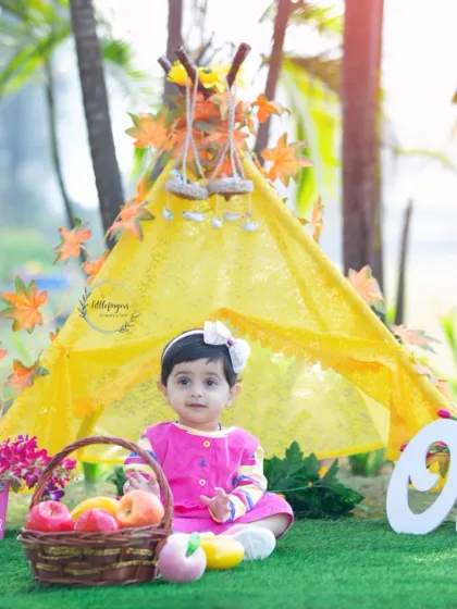 Welcome to our whimsical tent setup for a first birthday. I provide a variety of props and themes to create a magical setting for your child's photoshoot, making sure every detail is perfect for their special day.