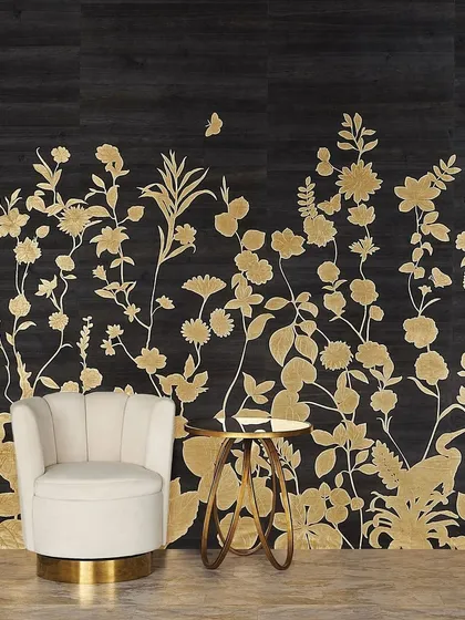 Our Flourish collection transports you to a serene garden landscape. Here, majestic birds perch among climbing botanicals and fluttering butterflies, all rendered in shimmering metallic leaf on a dark wood veneer background.