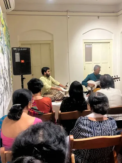 A baithak-style performance, where the connection with the audience is so direct and personal. Here I am accompanying a sarod recital in a private event in Kolkata.