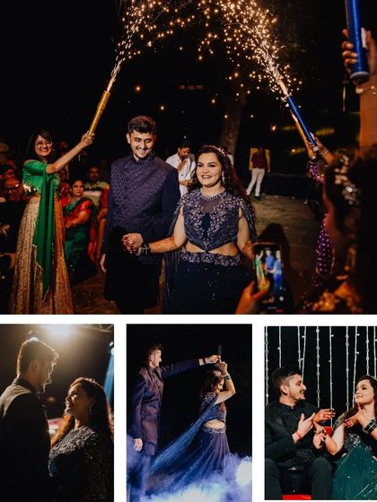 A collage from Vaishnavi and Anay's Sangeet, with a grand entrance, a romantic first dance, and lots of celebration.
