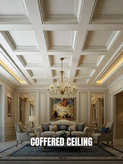Ceiling Idea: Coffered Ceiling. This classic design adds architectural depth and a sense of grandeur to a room, perfect for creating a formal and elegant living or dining area.