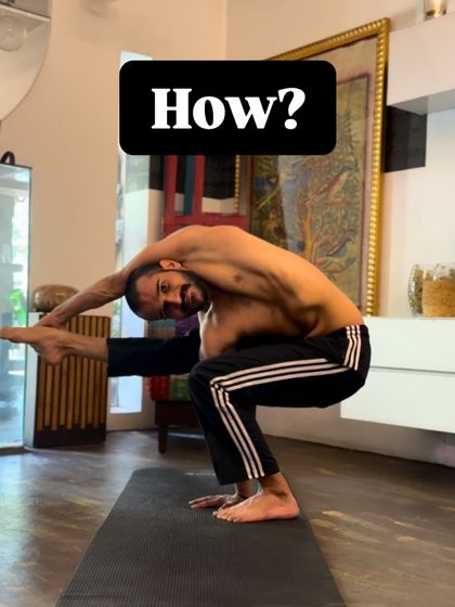 A playful take on an advanced balancing pose. The question "How?" invites curiosity, but the answer is always the same: consistent and mindful practice.