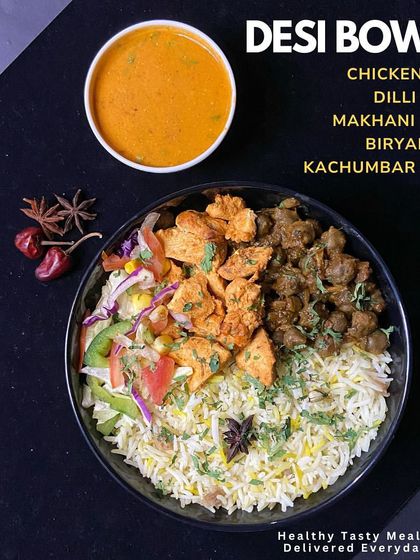 Another one of our delicious Desi Bowls. This one features Chicken Tikka, Dilli Chole, and Biryani Rice, all brought together with a rich Makhani Gravy. Healthy Indian food at its best.