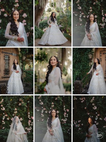 A collage of bridal portraits showcasing our versatile floral work. The backdrop of soft pink roses and lush greenery complements the bride's elegant white attire perfectly.