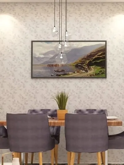 A wider view of the dining space, highlighting the placement of a large plant to bring a touch of nature indoors. The overall design is calm and balanced.