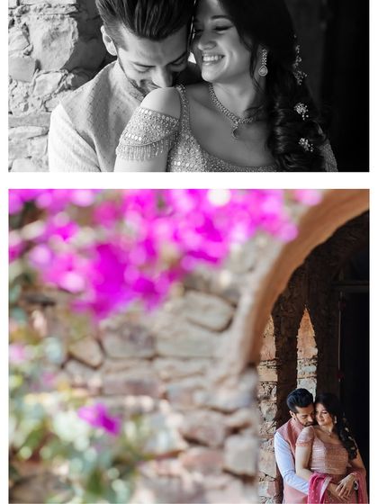 A collage of two romantic portraits of a couple at Fort Neemrana, one in black and white and one in color.