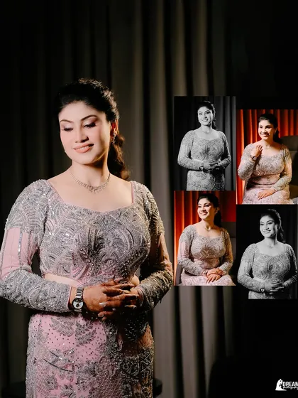 A collage of bride Airika, blending a main color portrait with smaller black and white shots to showcase her elegance.