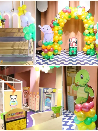 So many ways to play! This view shows our animal-themed decorations, play structures with a panda theme, and a zipline for the little adventurers.