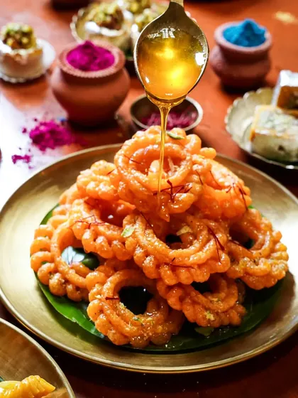 An action shot of golden syrup being drizzled over a stack of Imartis. This dynamic and decadent shot captures a moment of pure indulgence, perfect for the festive spirit of Holi.