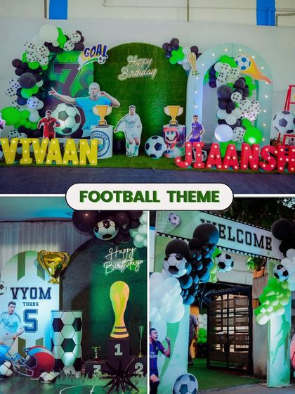 Go for the goal with a Football theme party! This collage shows various setups, including personalized backdrops with the birthday boy's name and age, goalposts, and soccer ball balloon arrangements.