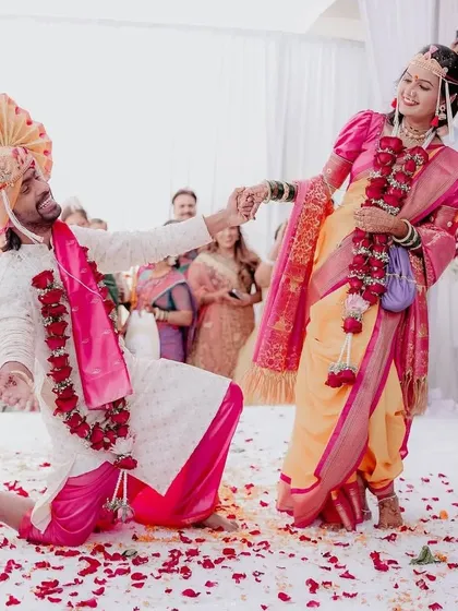 A beautiful, candid moment from actor Prathamesh Parab's Maharashtrian wedding that we had the honor of organizing. Capturing the joy and tradition of the ceremony is what we do best.