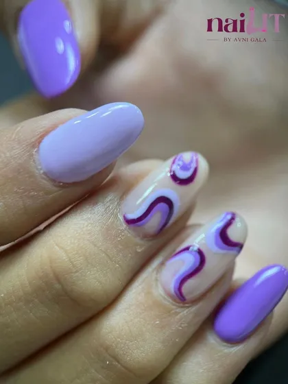 In love with shades of purple. This design features abstract swirls and shapes in different tones of purple on a sheer nude base.