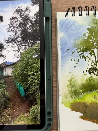 Here you can see the reference photo next to my watercolor interpretation. My goal is not just to copy the photo, but to capture the feeling and essence of the scene in my own artistic style.