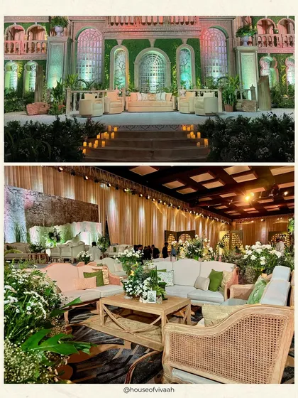 A split view showing the grand, ruin-themed stage and the corresponding lounge area with natural wood and cane furniture, demonstrating a cohesive design language across different zones of the event.