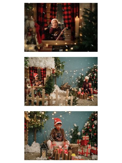 A collage of a young boy enjoying all the festive activities in our rustic Christmas set.