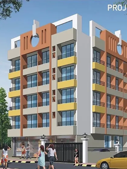 This is the completed "Mariya Apartments" in Taloja, Navi Mumbai. The design utilizes a vibrant color palette and geometric shapes on the facade to create a distinctive and modern residential building with 21 apartments and 4 shops.