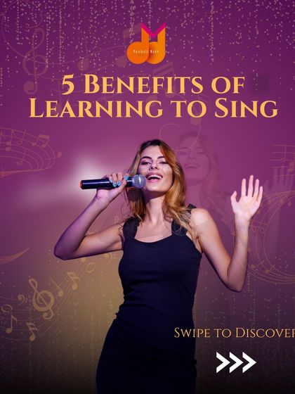 This is the cover of a carousel post detailing five key benefits of learning to sing. It invites users to discover how singing can improve their mental health, memory, confidence, and more.
