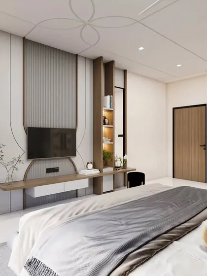 A 3D concept of a bedroom TV wall with a unique, asymmetrical design. The fluted and curved panels create a sense of movement, while the integrated shelving adds a functional display area.