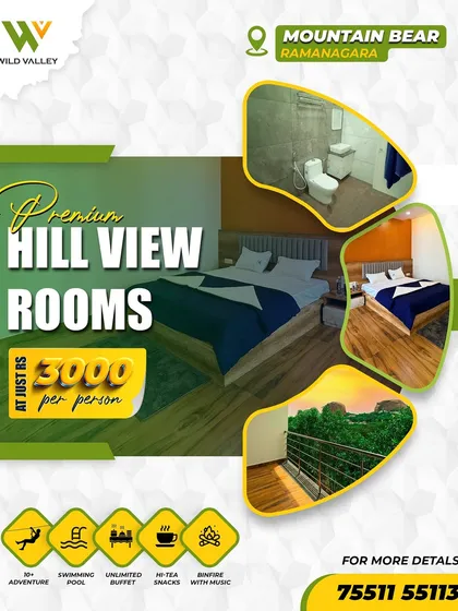 A glimpse into our Premium Hill View Rooms at the Mountain Bear resort. These rooms offer modern comfort, a spacious layout, and a private balcony with stunning views of the Ramanagara hills.