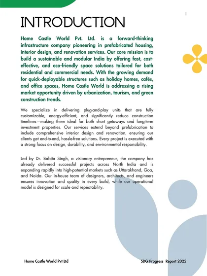 An introduction to Home Castle World from our SDG report. It details our mission to build a sustainable and modular India with fast, cost-effective, and eco-friendly space solutions.