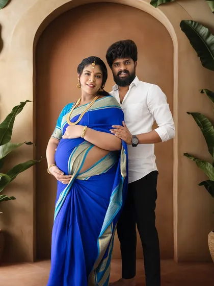 A happy couple's portrait in front of a studio archway, surrounded by lush plants. This pose is perfect for capturing the joy of expecting.