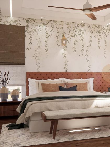 This master bedroom render features a beautiful foliage-patterned wallpaper, an upholstered headboard in a warm terracotta color, and natural wood furniture for a calming, biophilic design.