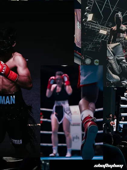 A collage showcasing the dynamic nature of combat sports. Here you see the offensive power of one fighter and the defensive readiness of another, capturing the constant flow of the fight from multiple angles.