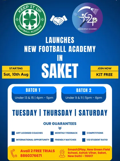My announcement for the launch of football training at my Saket branch. I provide free trial classes to help new players experience my coaching style and state-of-the-art facilities before they enroll.