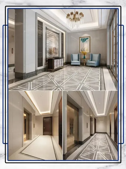 A collage showcasing a luxurious lobby and hallway concept. The design uses large format tiles with geometric patterns, high ceilings, and integrated lighting to create a space that feels like a high-end hotel.