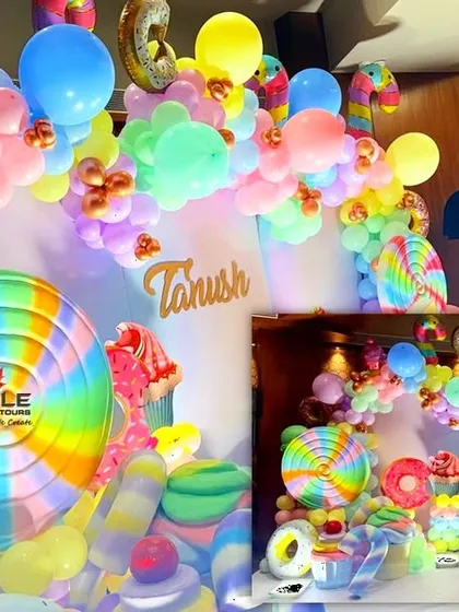 A sweet 'Candyland' theme for Tanush's birthday. The decor was filled with giant lollipops, ice cream cones, and a rainbow of pastel balloons to create a delicious and imaginative wonderland.