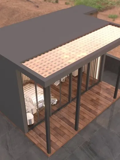 An aerial view of the proposed glass house design, showing its footprint and the semi-covered porch area.