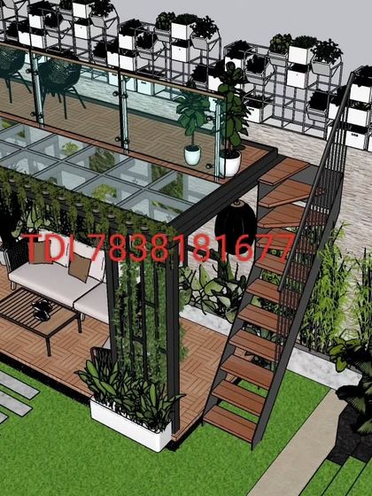 A proposed 3D design for a multi-level terrace in Paschim Vihar with a glass pergola and an external staircase.