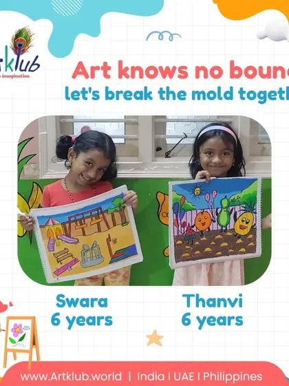 Art is even more fun with friends. Six-year-olds Swara and Thanvi proudly display their colorful playground and farm animal artworks, showing the collaborative and social environment of our group classes.