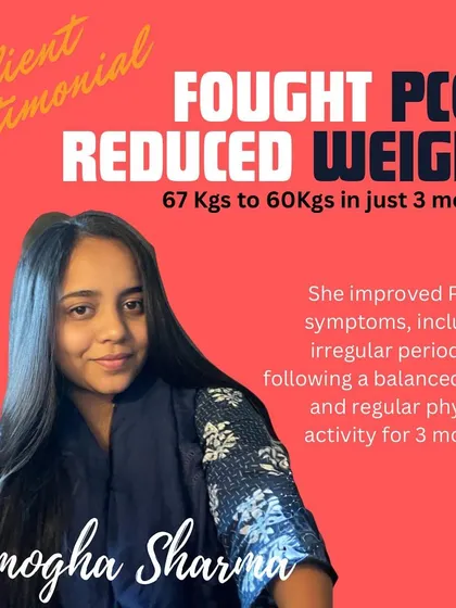 Amogha fought PCOS symptoms and reduced her weight from 67 kgs to 60 kgs in just 3 months. By following a balanced diet and staying active, she improved her symptoms, including irregular periods.