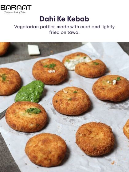 Dahi Ke Kebab are delicate vegetarian patties made with hung curd and lightly fried on a tawa, creating a creamy interior and a crisp exterior.