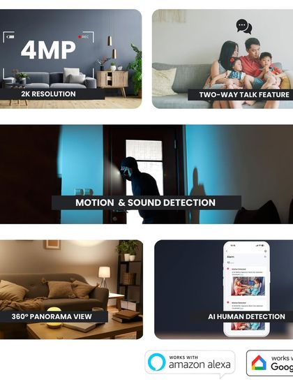 A complete overview of our smart WiFi camera's features. It includes 4MP 2K resolution, two-way talk, motion and sound detection, and AI human detection.