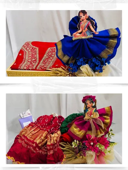 We love bringing traditional elegance to life with our trousseau and festive packing. Here, we've artfully draped a beautiful saree to create a doll-like figure, turning a gift of clothing into a stunning piece of art for a Teej celebration.