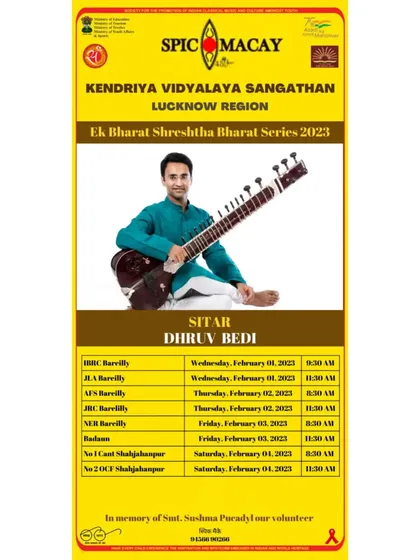 The tour schedule for my SPIC MACAY performances in the Bareilly region.