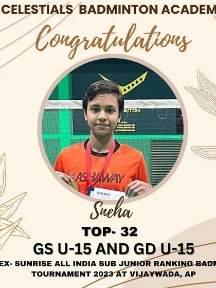 A graphic celebrating our player Sneha's achievement of reaching the Top 32 in both Girls Singles and Girls Doubles U-15 at the Yonex-Sunrise All India Sub Junior Ranking Tournament.