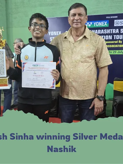 Yash Sinha with his silver medal from the state tournament in Nashik, pictured with Chief Coach Shrikant Vad.