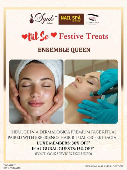 A festive "Ensemble Queen" package. This is your chance to indulge in a premium Dermalogica face ritual along with a hair or foot treatment for ultimate relaxation.
