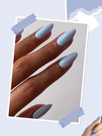 A simple yet stunning choice. These almond-shaped nails are coated in a beautiful periwinkle blue with a chrome finish, giving them a subtle, iridescent shine that catches the light perfectly.