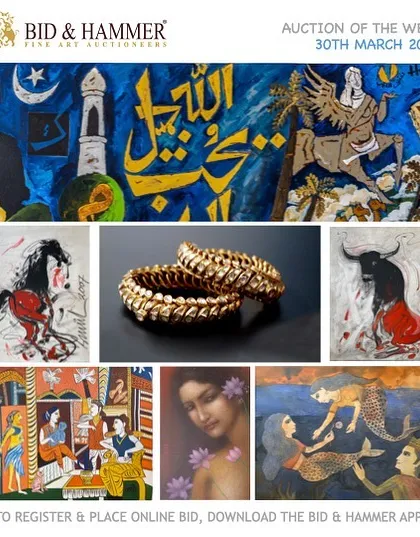 Another view of the diverse lots available in our March 30th 'Auction of the Week', including works by M.F. Husain, Sunil Das, and Badri Narayan, alongside antique gold bangles.
