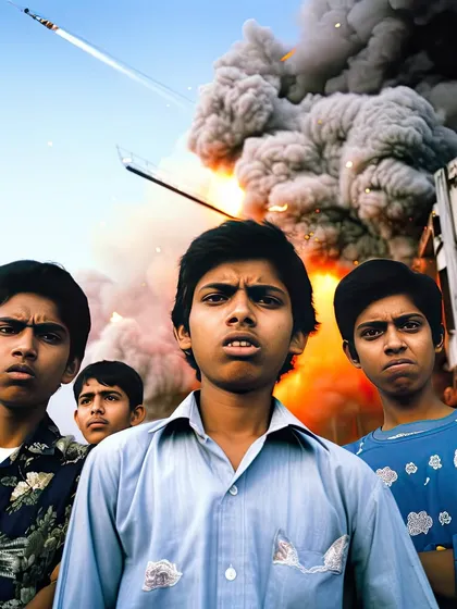 A group of boys in 'Rocketganj' watch as a rocket crashes in the background. Their expressions capture a sense of weary resignation, not surprise.