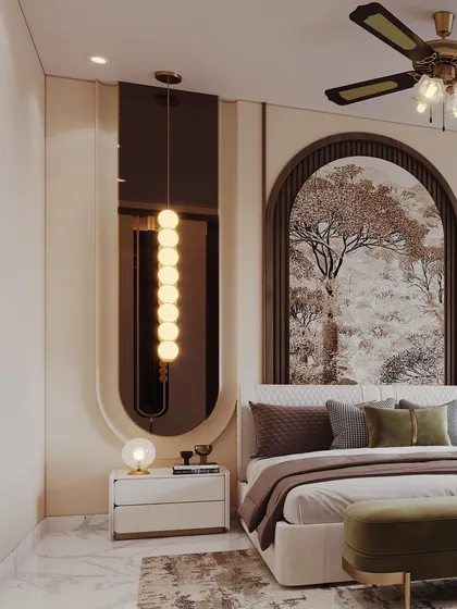 This bedroom visualization is defined by its warm, creamy palette and repeating arch motifs. I rendered the cascade of glowing orbs to create a sculptural lighting element that adds a touch of magic.