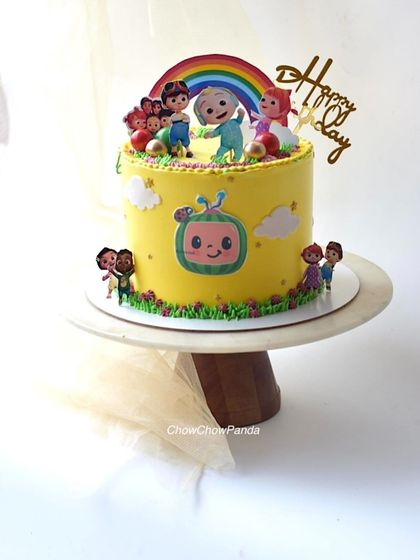 A full view of the Cocomelon cake, perfect for a fan's birthday party.