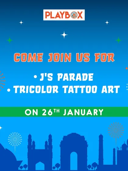 An invitation to join our Republic Day festivities, featuring J's Parade and tricolor tattoo art.